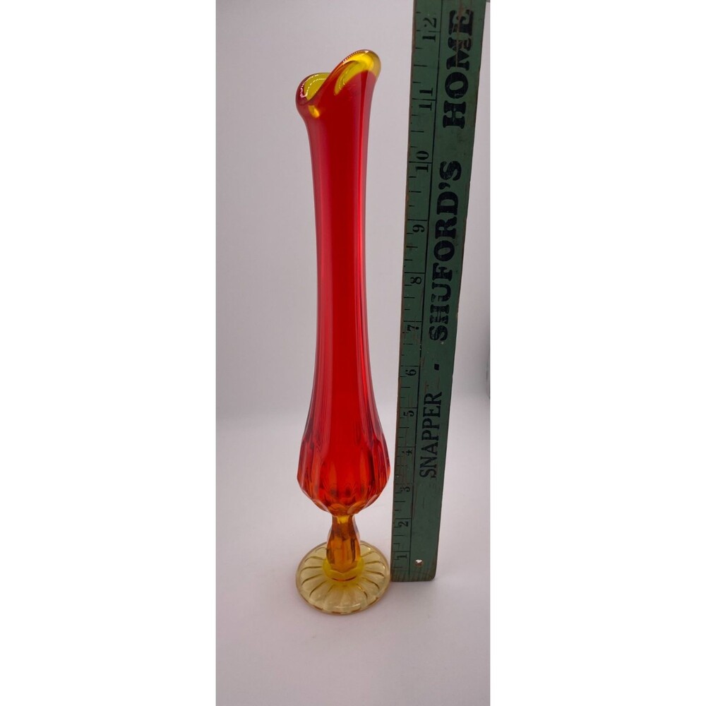 Swung Glass Vase Amberia Ribbed Orange Yellow 12" Tall Vintage Mid Century - Picture 6 of 6